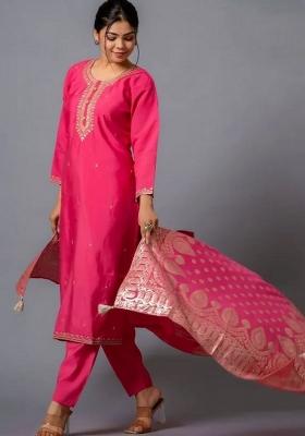 Pink Zari Work Chenderi Salwar Kameez With Dupatta