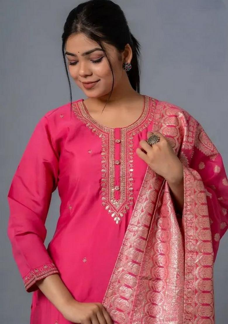 Pink Zari Work Chenderi Salwar Kameez With Dupatta