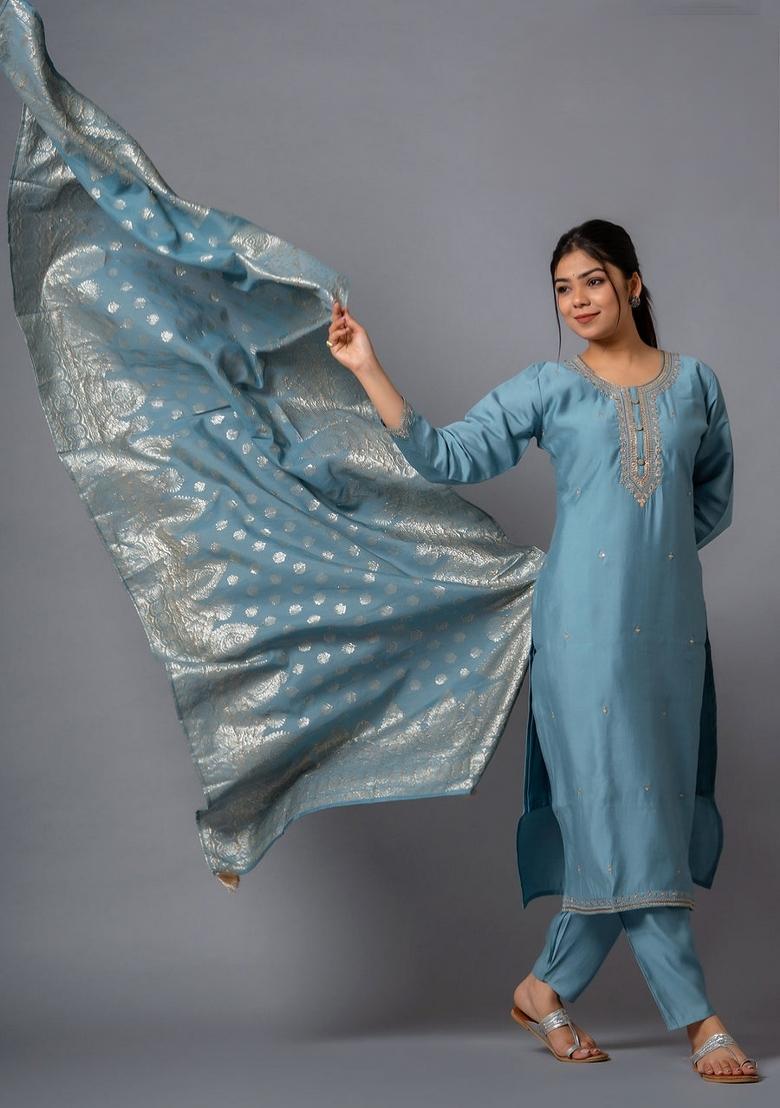 Grey Zari Work Chenderi Salwar Kameez With Dupatta
