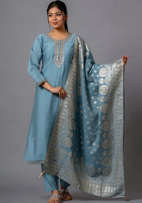 Grey Zari Work Chenderi Salwar Kameez With Dupatta