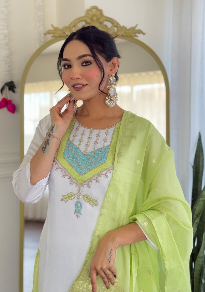 White Zari Work Chenderi Salwar Kameez With Dupatta