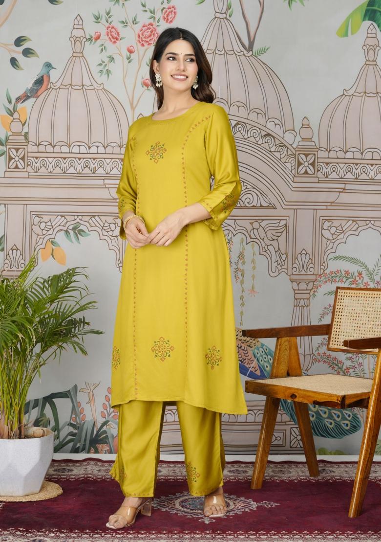 Mustard Yellow Abstract Print Art Silk Salwar Kameez
