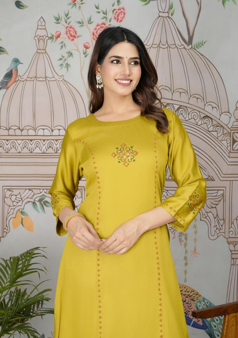 Mustard Yellow Abstract Print Art Silk Salwar Kameez