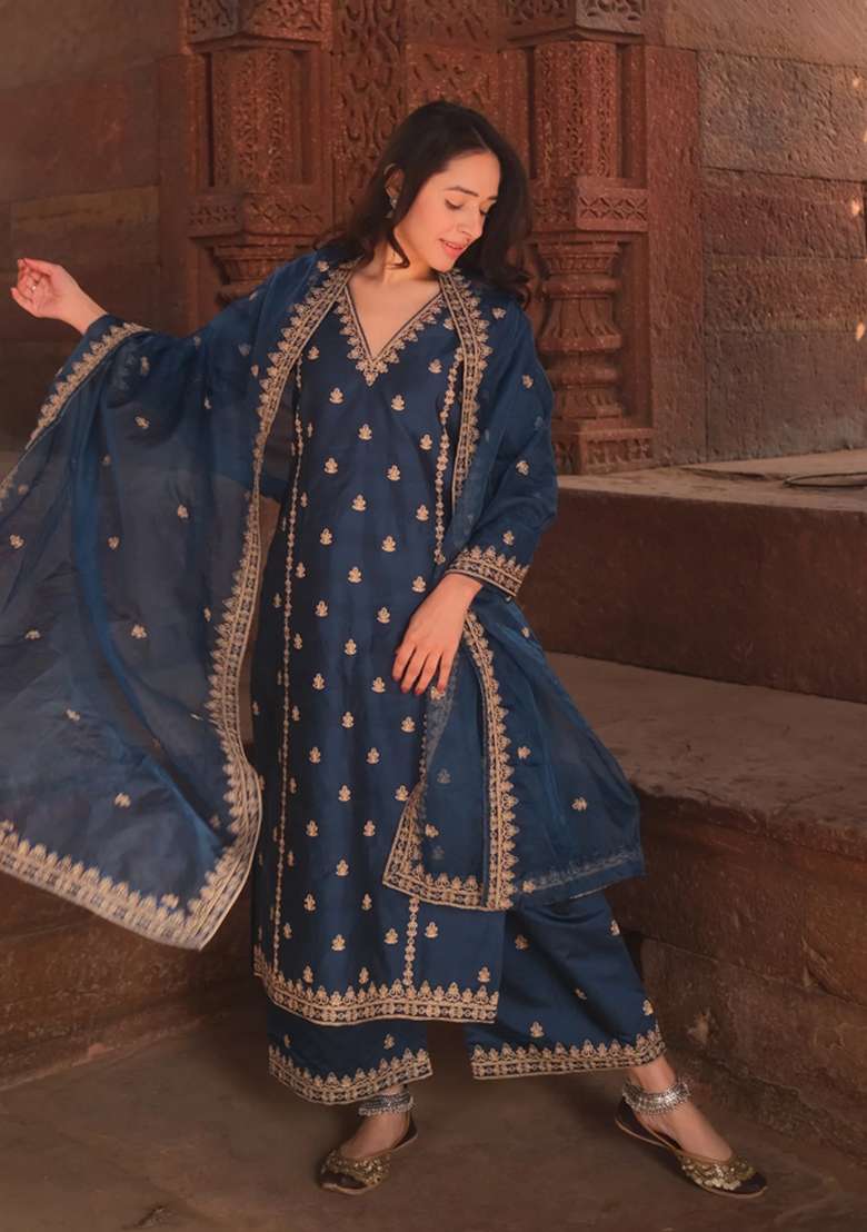 Blue Embroidered Viscose Pakistani Suit Set - Indya