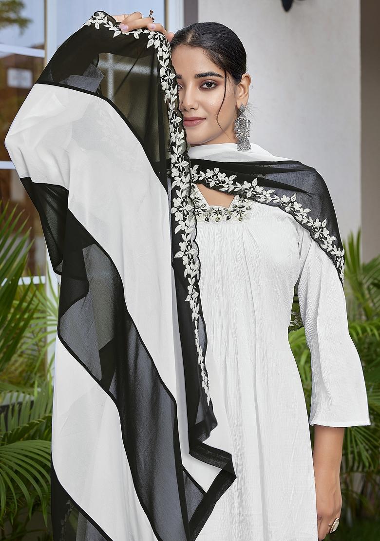 White Abstract Print Viscose Salwar Kameez With Dupatta