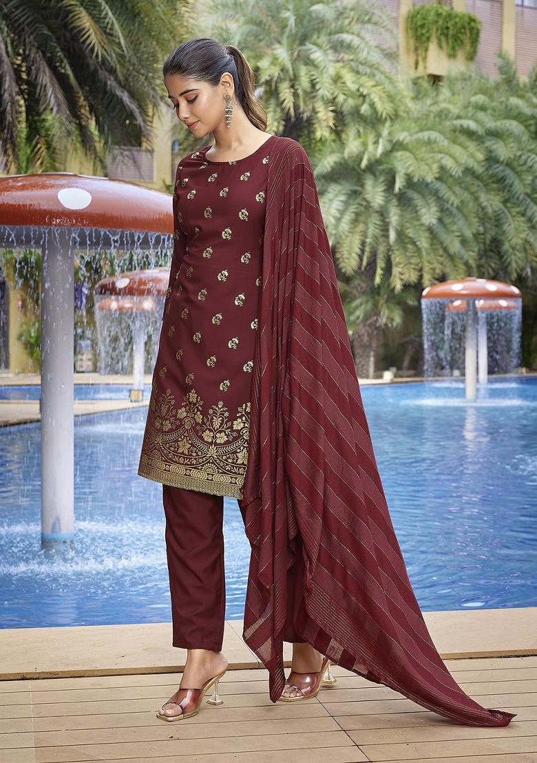 Maroon Abstract Print Crepe Salwar Kameez With Dupatta