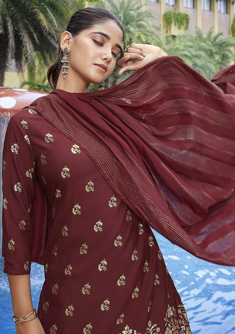 Maroon Abstract Print Crepe Salwar Kameez With Dupatta