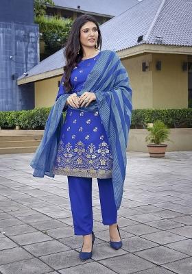 Blue Abstract Print Crepe Salwar Kameez With Dupatta