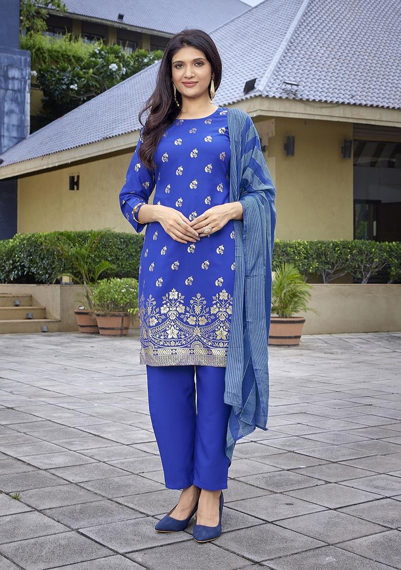 Blue Abstract Print Crepe Salwar Kameez With Dupatta
