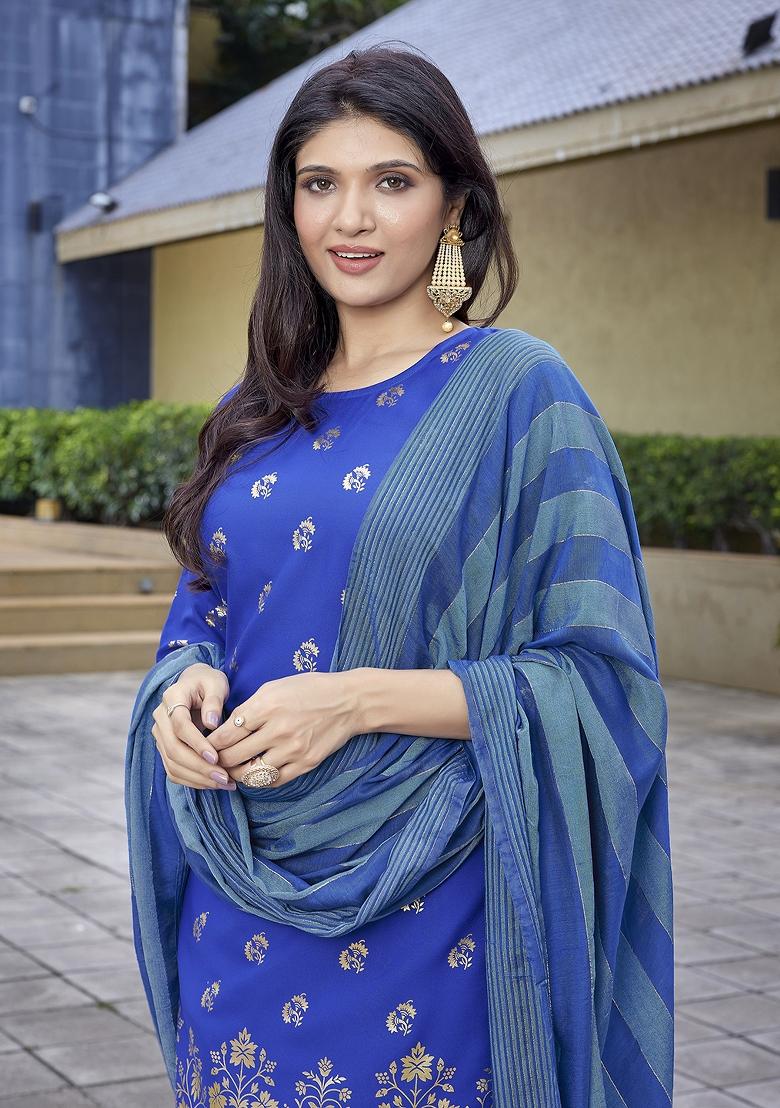 Blue Abstract Print Crepe Salwar Kameez With Dupatta