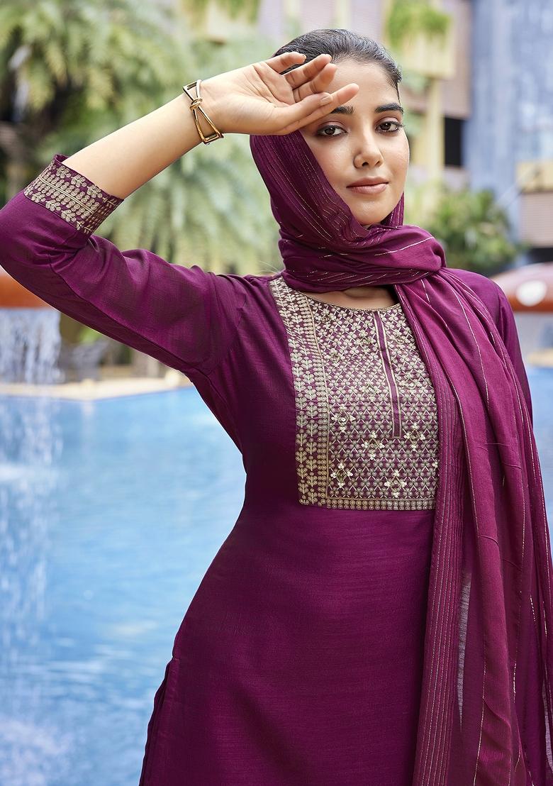 Purple Abstract Print Art Silk Salwar Kameez With Dupatta