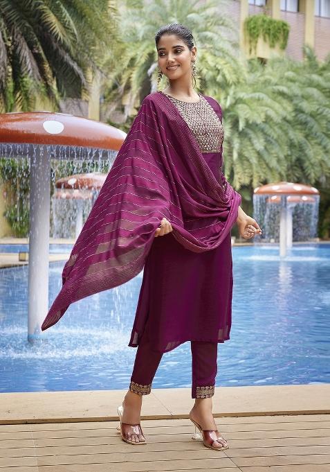 Purple Abstract Print Art Silk Salwar Kameez With Dupatta