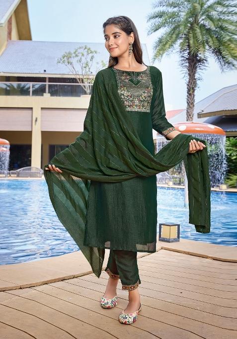 Green Abstract Print Art Silk Salwar Kameez With Dupatta