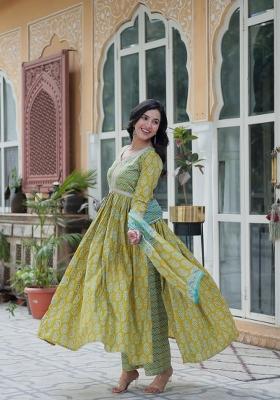 Green Abstract Print Cotton Salwar Kameez With Dupatta