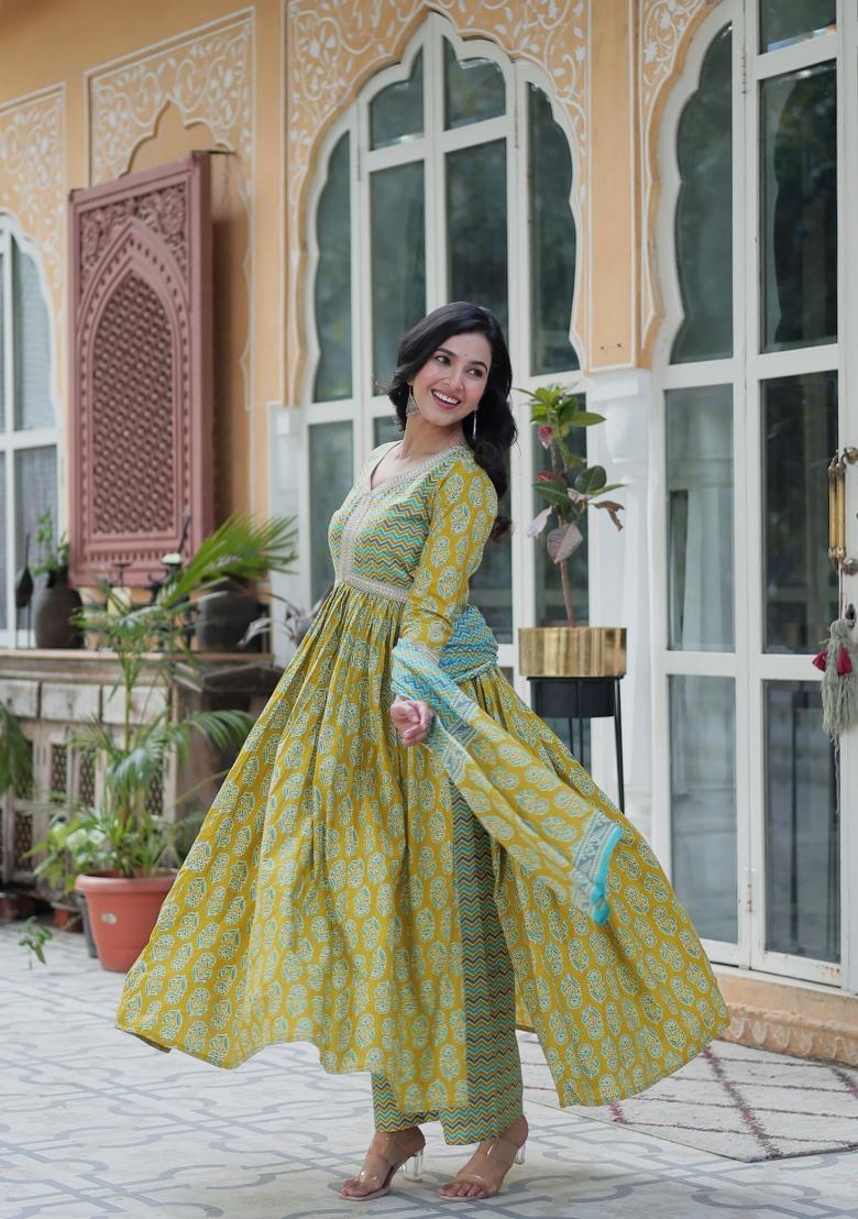 Green Abstract Print Cotton Salwar Kameez With Dupatta