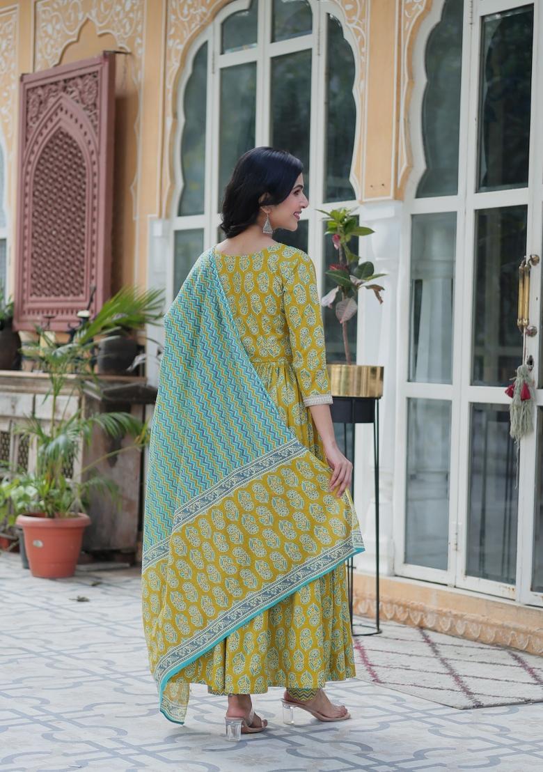 Green Abstract Print Cotton Salwar Kameez With Dupatta