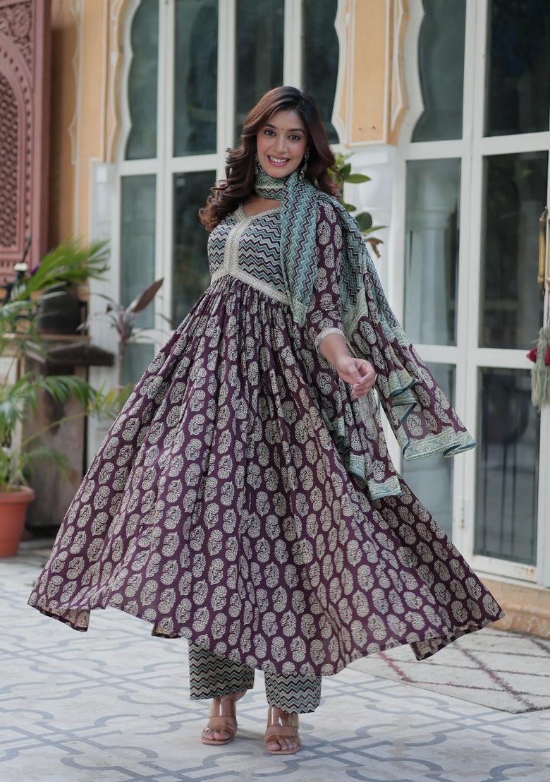 Maroon Abstract Print Cotton Salwar Kameez With Dupatta