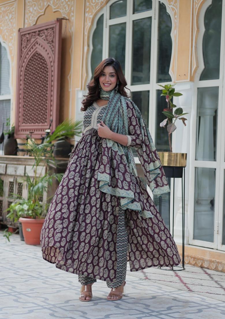 Maroon Abstract Print Cotton Salwar Kameez With Dupatta