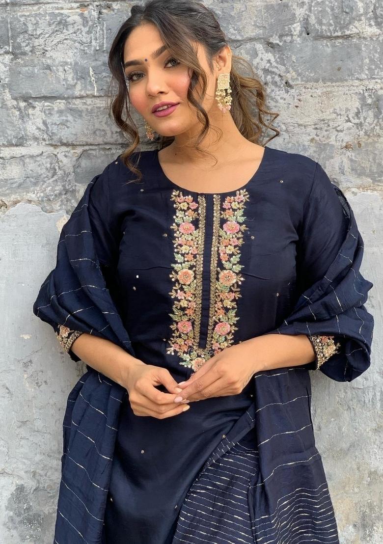 Blue Resham Embroidery Chenderi Salwar Kameez With Dupatta