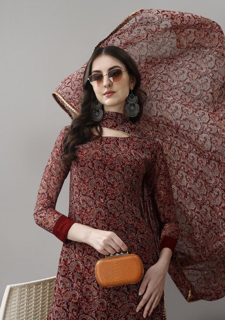 Maroon Abstract Print Georgette Salwar Kameez With Dupatta