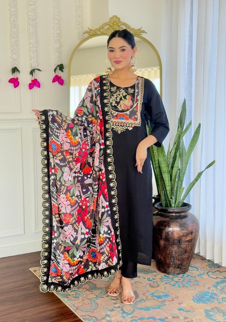 Black Abstract Print Chenderi Salwar Kameez With Dupatta