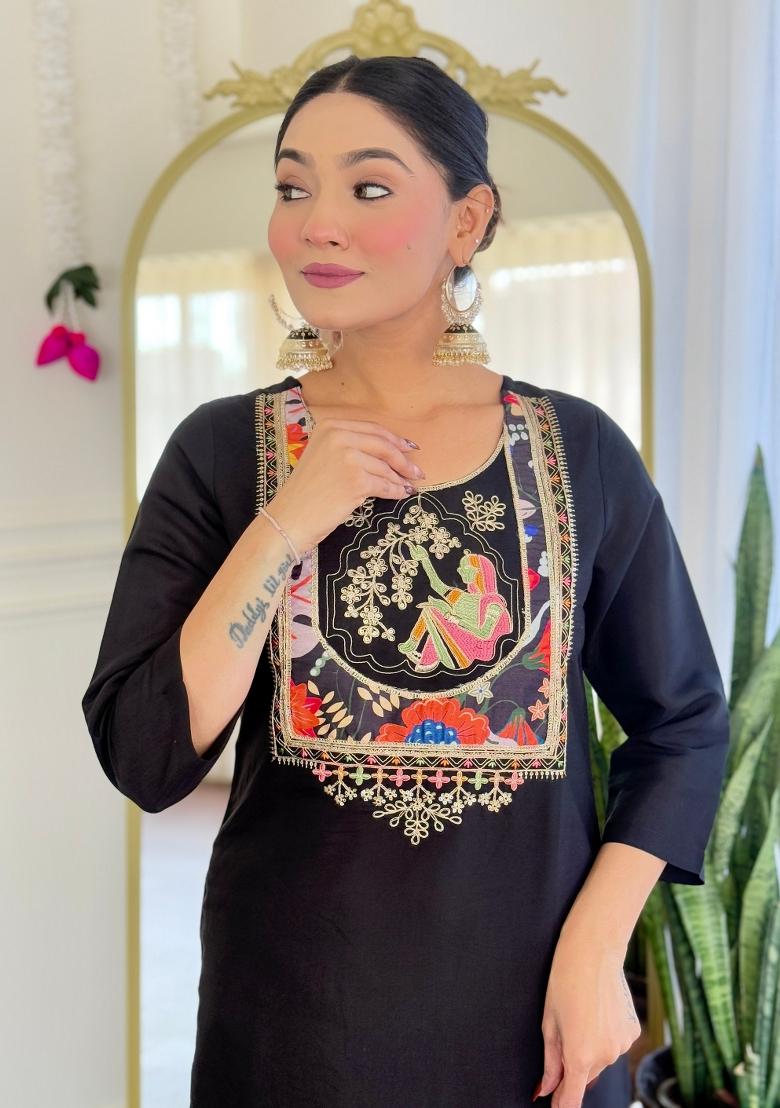 Black Abstract Print Chenderi Salwar Kameez With Dupatta
