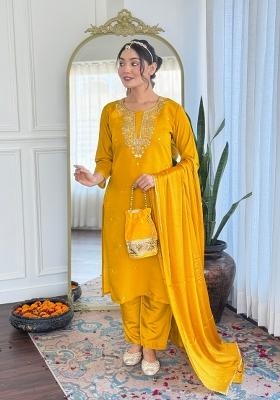 Yellow Resham Embroidery Chenderi Salwar Kameez With Dupatta