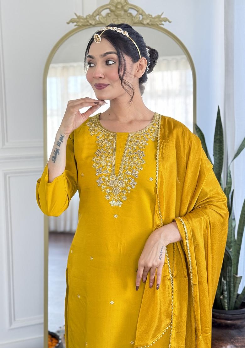 Yellow Resham Embroidery Chenderi Salwar Kameez With Dupatta