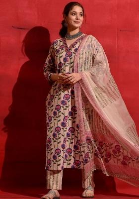 Pink Abstract Print Art Silk Salwar Kameez With Dupatta