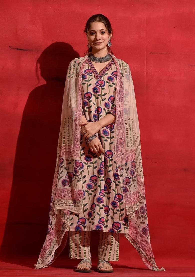 Pink Abstract Print Art Silk Salwar Kameez With Dupatta