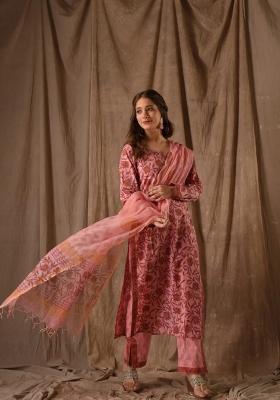 Peach Abstract Print Art Silk Salwar Kameez With Dupatta