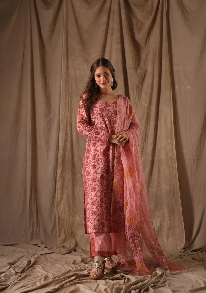 Peach Abstract Print Art Silk Salwar Kameez With Dupatta