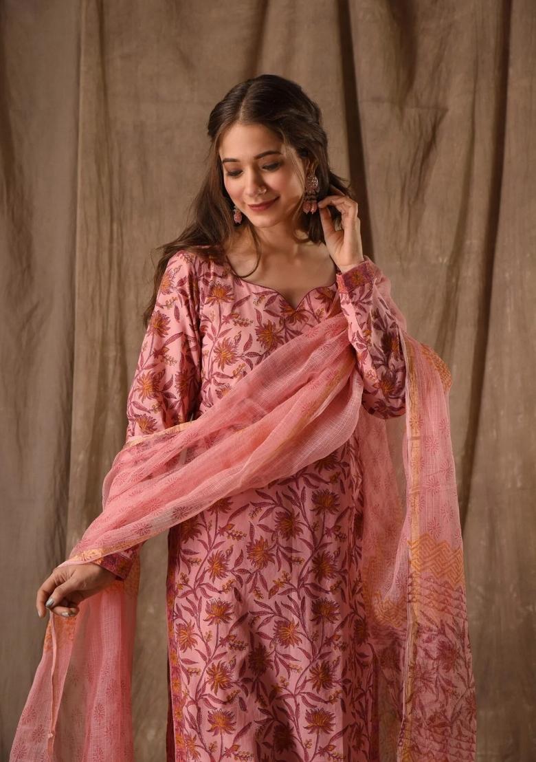 Peach Abstract Print Art Silk Salwar Kameez With Dupatta