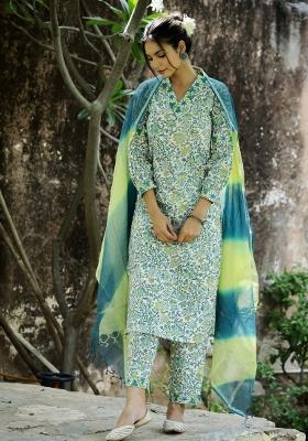 Sea Green Abstract Print Art Silk Salwar Kameez With Dupatta