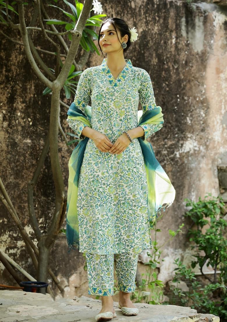 Sea Green Abstract Print Art Silk Salwar Kameez With Dupatta