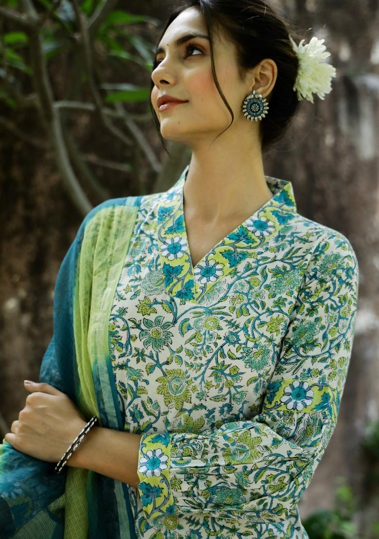 Sea Green Abstract Print Art Silk Salwar Kameez With Dupatta