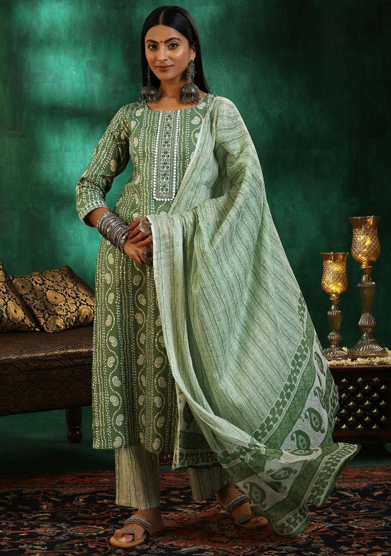Pista Green Abstract Print Art Silk Salwar Kameez With Dupatta