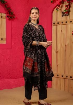 Black Abstract Print Art Silk Salwar Kameez With Dupatta