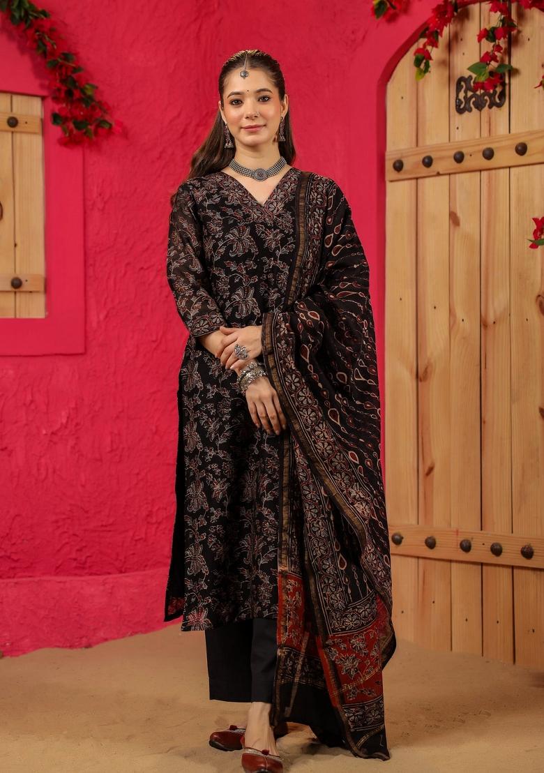 Black Abstract Print Art Silk Salwar Kameez With Dupatta