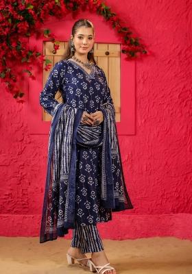 Blue Abstract Print Art Silk Salwar Kameez With Dupatta