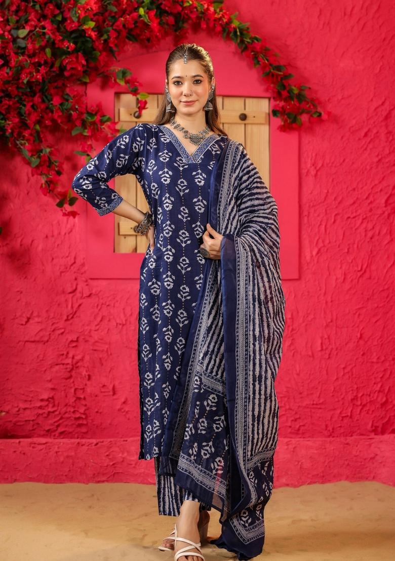 Blue Abstract Print Art Silk Salwar Kameez With Dupatta