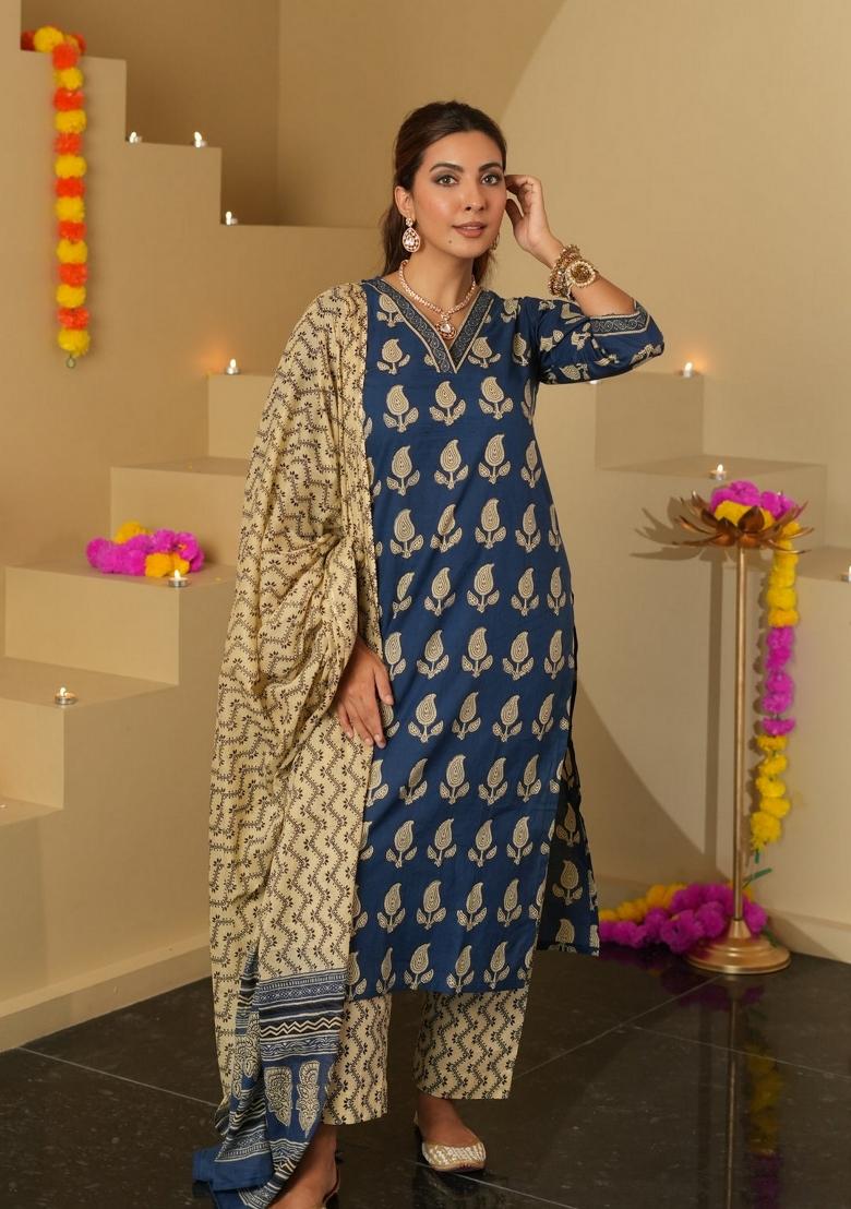 Blue Abstract Print Art Silk Salwar Kameez With Dupatta