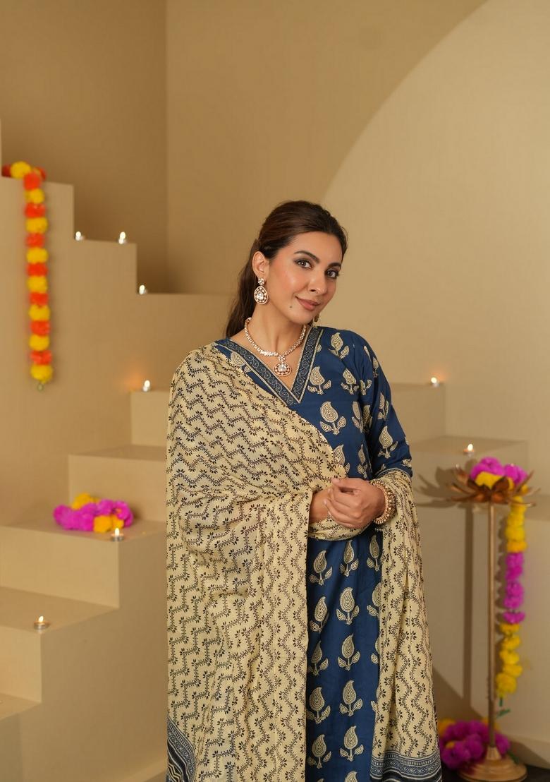 Blue Abstract Print Art Silk Salwar Kameez With Dupatta