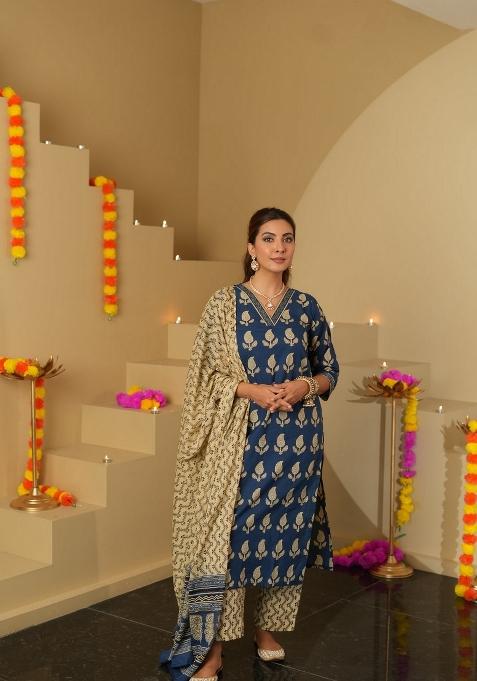 Blue Abstract Print Art Silk Salwar Kameez With Dupatta