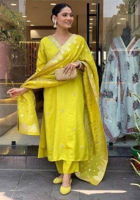Lemon Yellow Resham Embroidery Chenderi Salwar Kameez With Dupatta