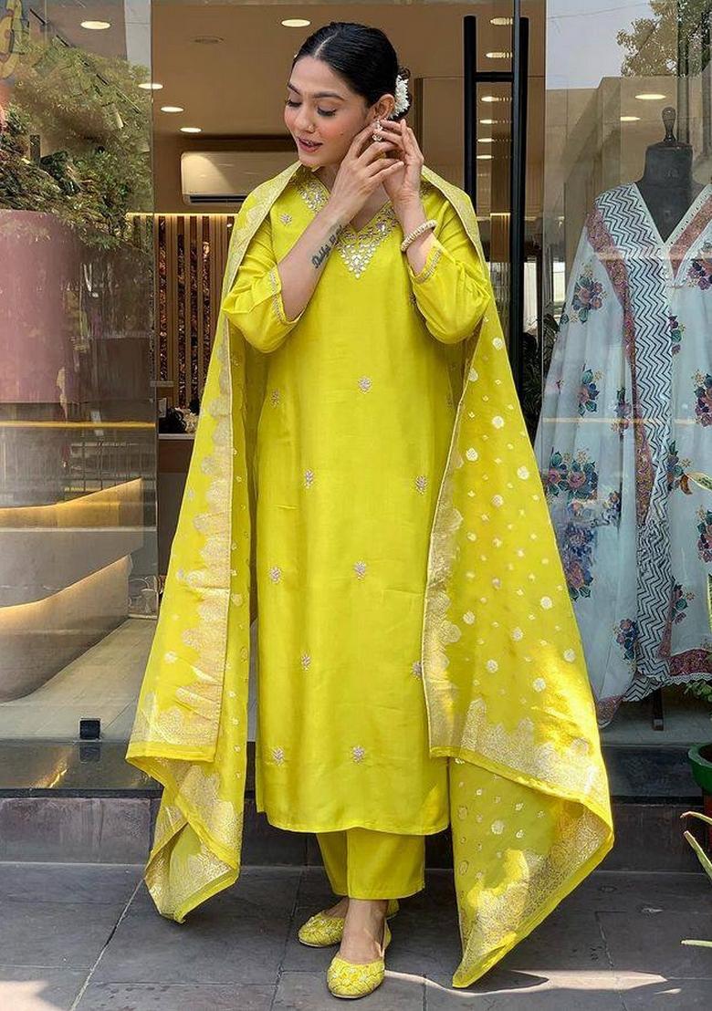 Lemon Yellow Resham Embroidery Chenderi Salwar Kameez With Dupatta