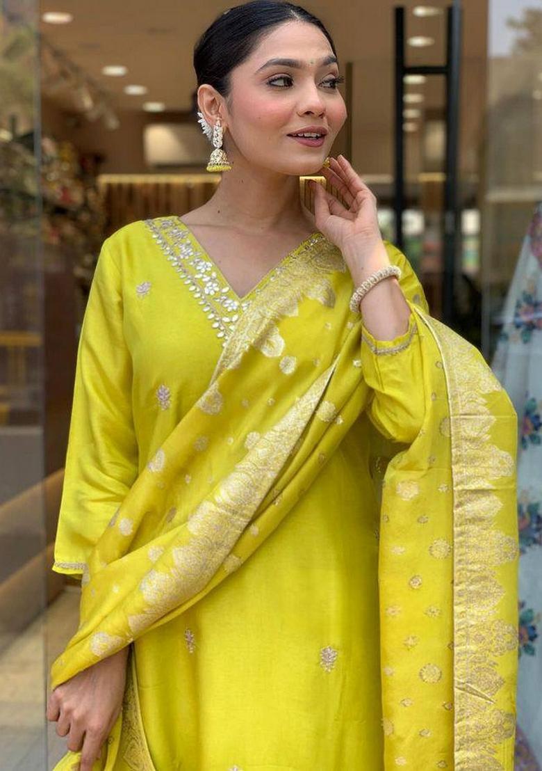 Lemon Yellow Resham Embroidery Chenderi Salwar Kameez With Dupatta