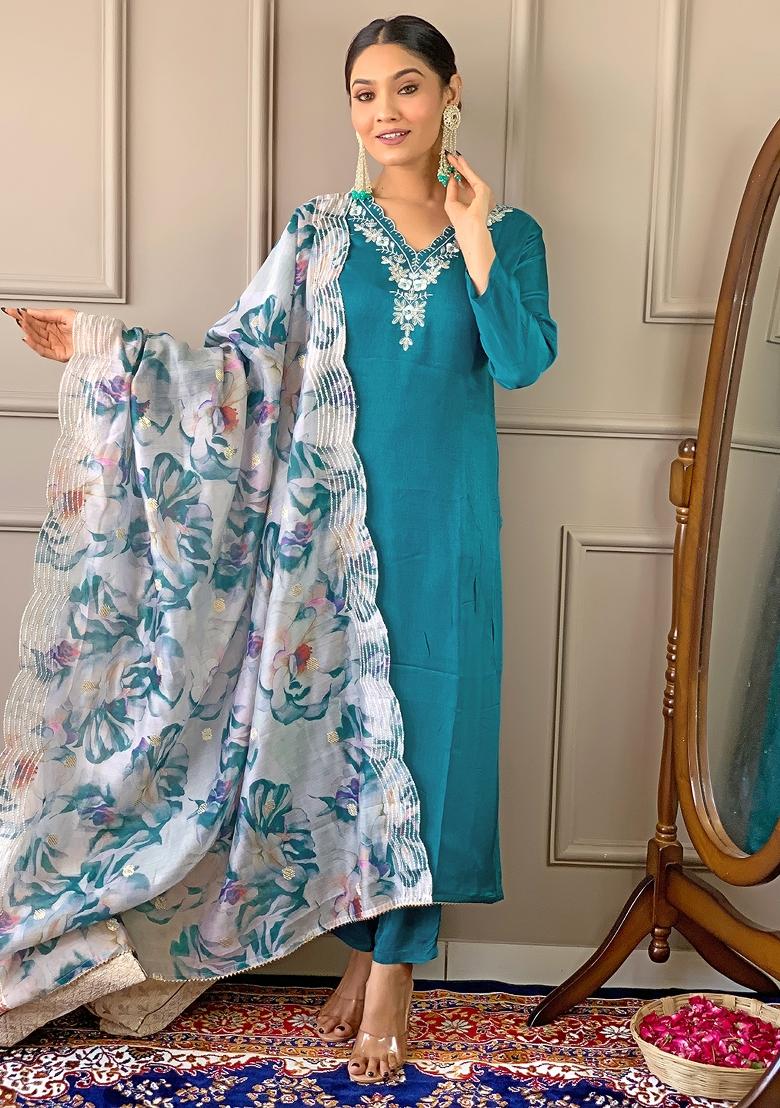 Green Abstract Print Viscose Salwar Kameez With Dupatta