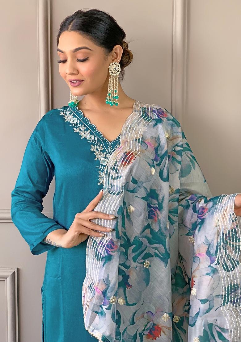 Green Abstract Print Viscose Salwar Kameez With Dupatta