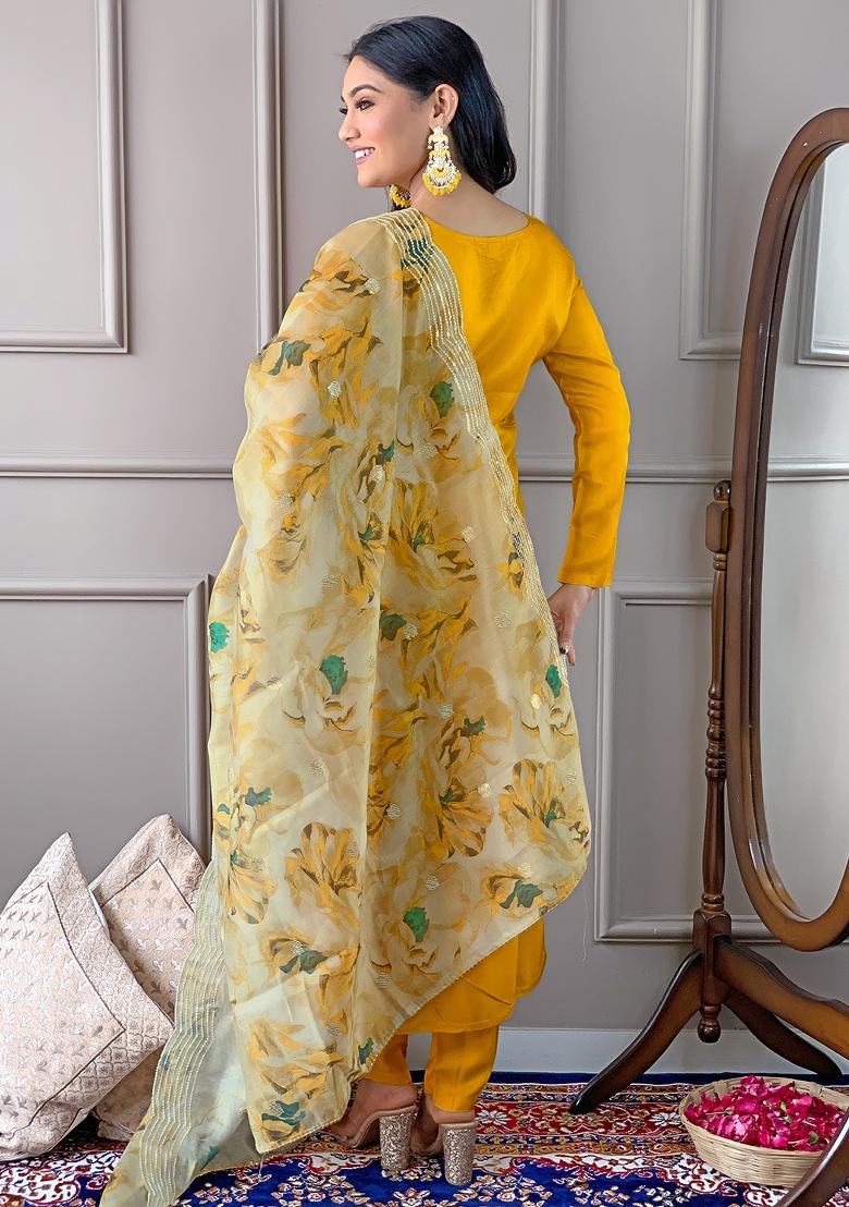 Yellow Abstract Print Viscose Salwar Kameez With Dupatta
